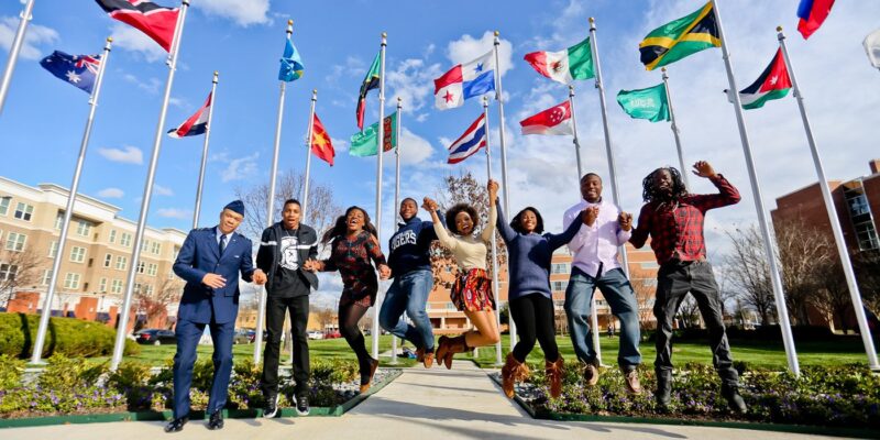 Students at International flags